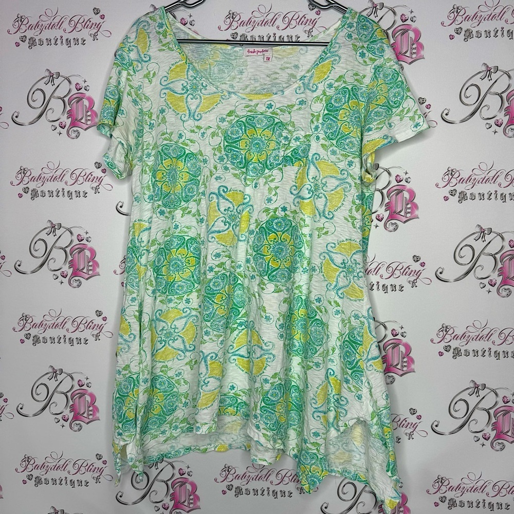 Fresh produce top asymmetrical fairy hem bottom paisley boho neon blue green